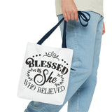 Blessed is She Who Believed Tote Bag (AOP)