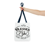 Blessed is She Who Believed Tote Bag (AOP)