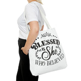 Blessed is She Who Believed Tote Bag (AOP)