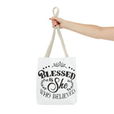 Blessed is She Who Believed Tote Bag (AOP)