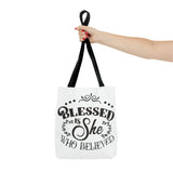 Blessed is She Who Believed Tote Bag (AOP)