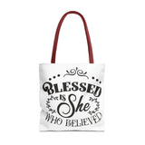 Blessed is She Who Believed Tote Bag (AOP)