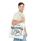 Blessed is She Who Believed Tote Bag (AOP)