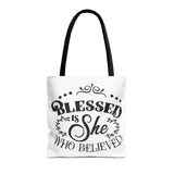 Blessed is She Who Believed Tote Bag (AOP)