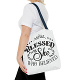 Blessed is She Who Believed Tote Bag (AOP)