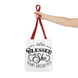 Blessed is She Who Believed Tote Bag (AOP)