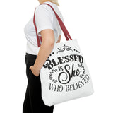 Blessed is She Who Believed Tote Bag (AOP)