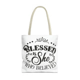 Blessed is She Who Believed Tote Bag (AOP)