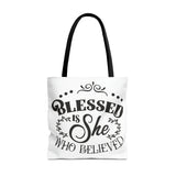 Blessed is She Who Believed Tote Bag (AOP)