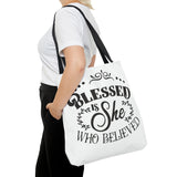 Blessed is She Who Believed Tote Bag (AOP)