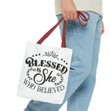 Blessed is She Who Believed Tote Bag (AOP)