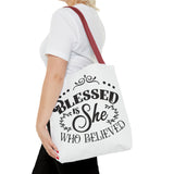 Blessed is She Who Believed Tote Bag (AOP)