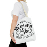 Blessed is She Who Believed Tote Bag (AOP)