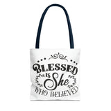 Blessed is She Who Believed Tote Bag (AOP)