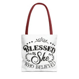 Blessed is She Who Believed Tote Bag (AOP)