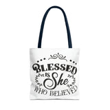 Blessed is She Who Believed Tote Bag (AOP)