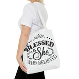 Blessed is She Who Believed Tote Bag (AOP)