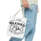 Blessed is She Who Believed Tote Bag (AOP)