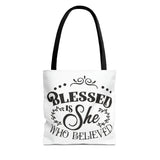 Blessed is She Who Believed Tote Bag (AOP)