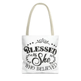 Blessed is She Who Believed Tote Bag (AOP)